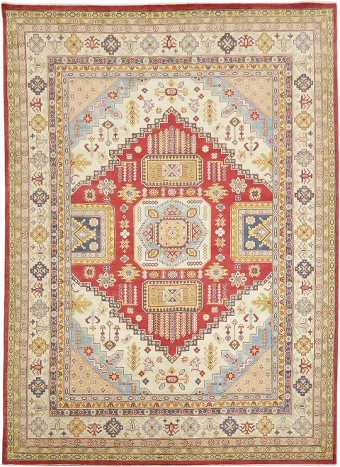 Luxurious Handmade Kazak Wool Rug with Vibrant Red and Beige Tones 9x12