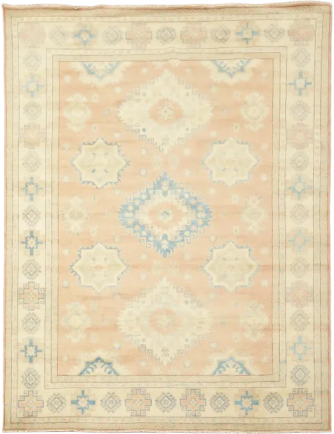 Traditional Pastel Pale Terracotta and Blue Kazak Pakistani Rug 8'x11'