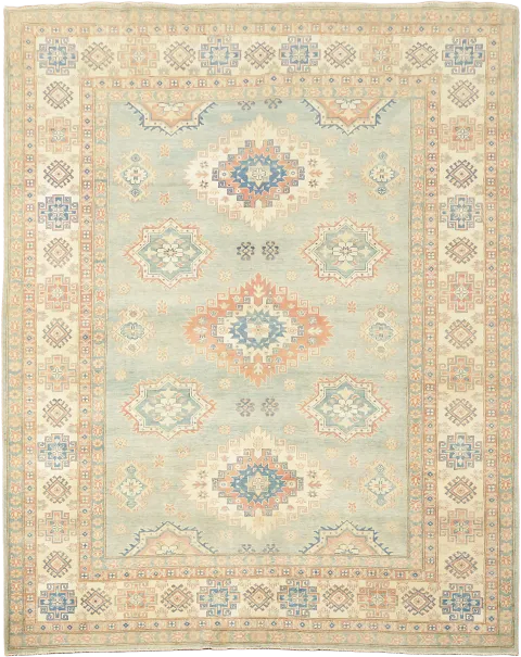 Light Blue and Terracotta Handmade Pastel Rug with Traditional Patterns 8'x11'