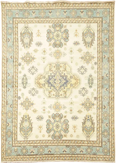 Traditional Ivory & Blue Floral Kazak Pakistan Oriental Rug 9'x12'