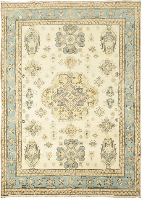 Elegant Cream and Aqua Blue Kazak Pakistani Large Rug 9x12 ft