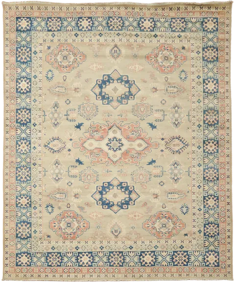 Light Green Kazak Pakistani Traditional Rug in Soft Pastel Tones 8x10