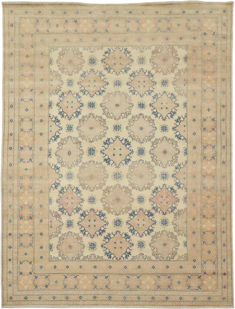 Classic Beige and Blue Kazak Rug with Intricate Geometric Patterns 9'x12'