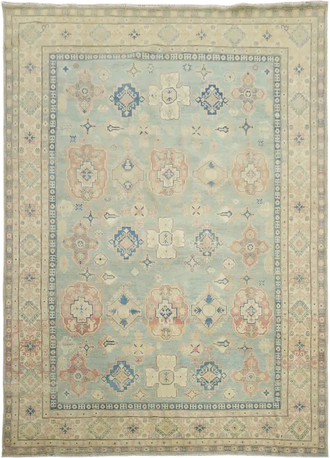 Exquisite Hand-Knotted Rug Kazak Featuring Soft Blue Tones and Patterns 10'x13'