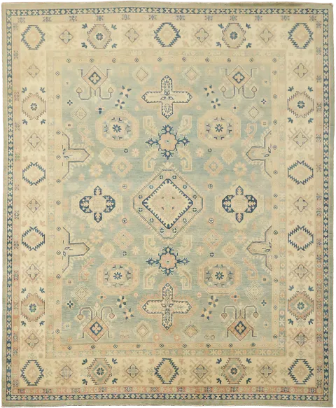 Classic Turkish-Inspired Light Blue Kazak Rug with Muted Earthy Hues 8x10