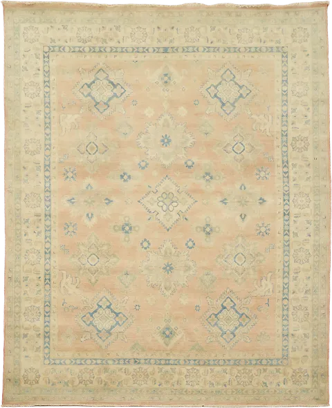 Muted Coral Salmon Kazak Traditional Rug with Subtle Hues and Intricate Designs 8'x10'