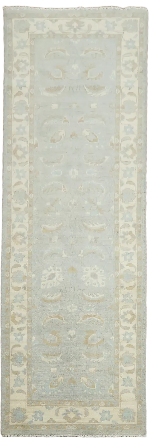 Blue Floral Wool Traditional Turkish Oushak Runner Rug 3x8