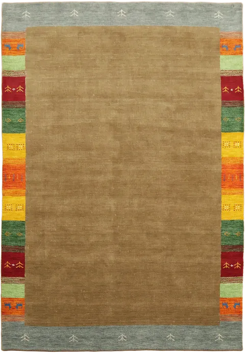 Gabbeh Tribal Area Rug with Brown Ceter and Colorful Border 7x10