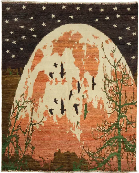 Captivating Twilight Scene Rug with Soaring Bird Designs 8x10