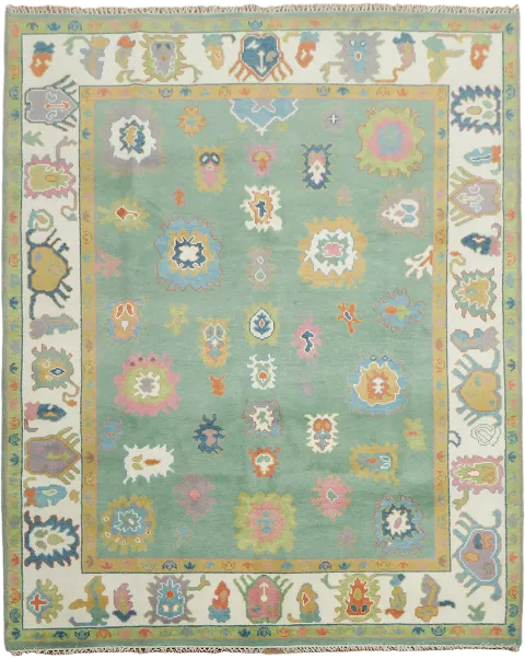 Handcrafted Sea Foam Green Rug Embellished with Vibrant Floral Designs 8x10