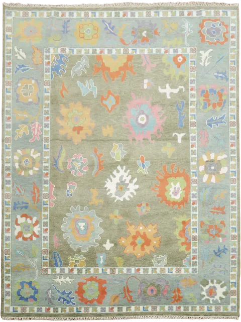 Sage Green Floral Oushak Hand-Knotted Area Rug 9'x12'
