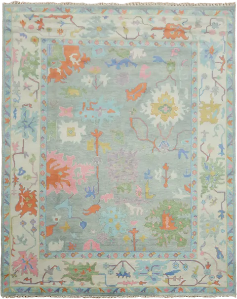 Vintage-Inspired Floral Dar Grey and Pink Rug in Soft Pastel Shades 12'x15'