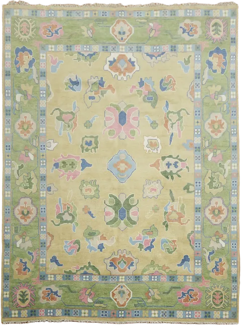 Traditional Oriental Rug with Intricate Floral Patterns and Green Borders 10'x14'