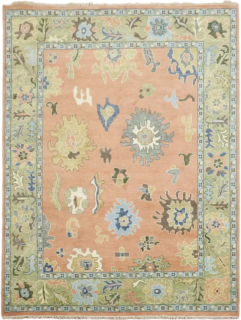 Traditional Floral Pattern Coral Salmon Rug with Vintage Charm and Soft Tones 9'x12'