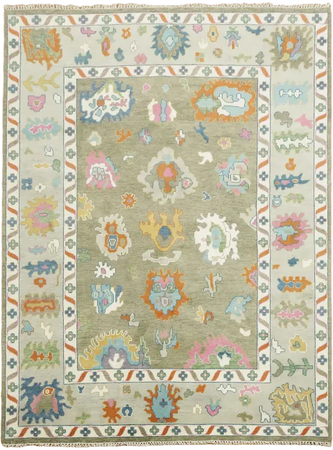 Vibrant Geometric Patterns Green Oushak Hand-Knotted Rug 9'x12'