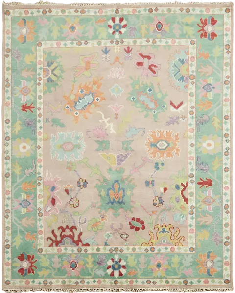 Traditional Artisan Pink and Green Rug in Soft Pastel Hues 8'x10'