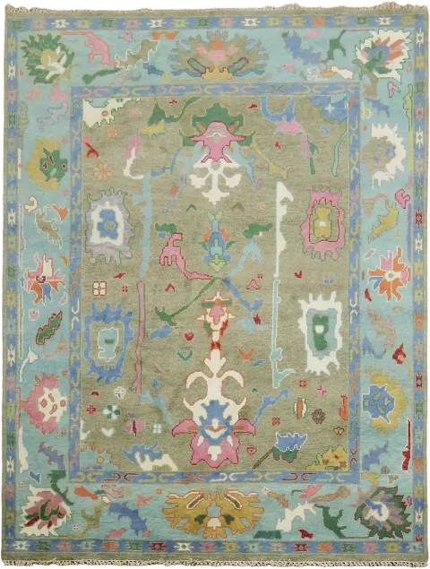 Vibrant Traditional Sage Green Area Rug with Unique Bold Motifs and Blue Border 8'x10'