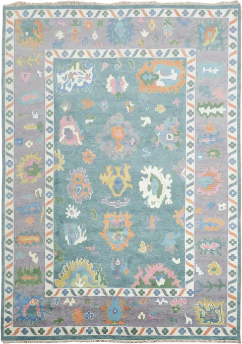 Royal Blue with Purple border Colorfully Patterned Oushak Rug 10'x14'