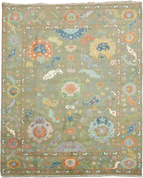 Handcrafted Persian-Inspired Sage Green Rug with Vibrant Floral Patterns 8'x10'
