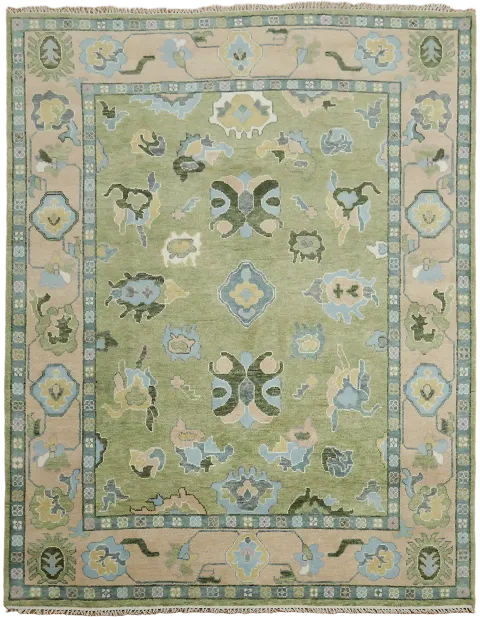 Elegant Green Rug with Intricate Floral Patterns and Blue Accents 8'x10'
