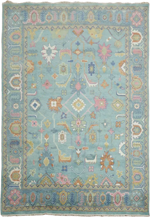 Traditional Luxury Oushak Rug in Light Blue with Colorful Patterns 10'x14'