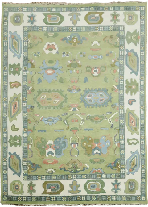Hand-Knotted Green Rug with Traditional Motifs and Border 10'x14'