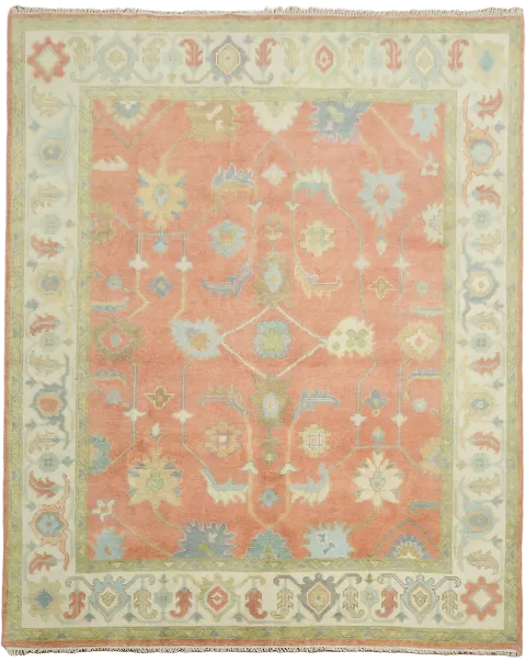 Classic Hand-Knotted Oushak Indian Rug in Soft Coral and Pastel Hues 8'x10'