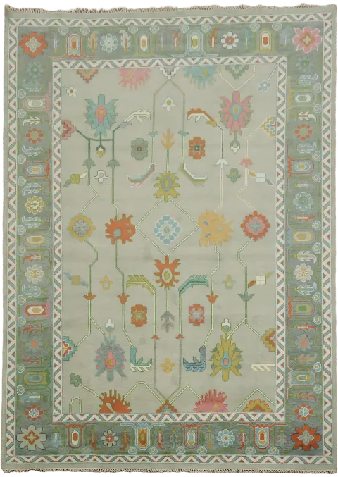 Stylish Green Oushak Area Rug with Soft Colors and Elaborate Floral Motifs 10'x14'