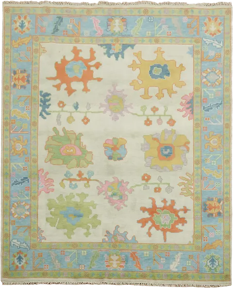 Colorful Mint Green Oushak Indian Hand-Knotted Wool Rug 8'x10'