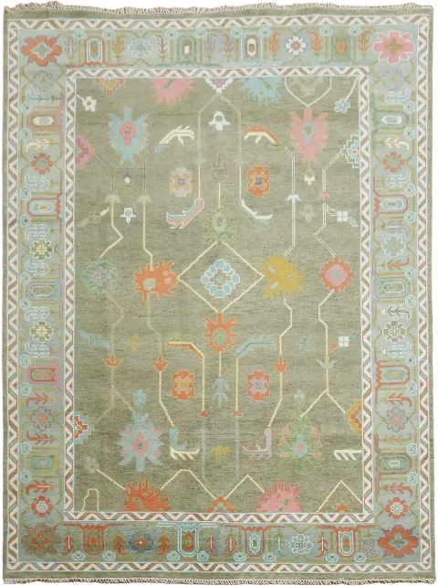 Luxurious Vintage Style Rug Featuring Muted Green and Pastel Hues 9'x12'