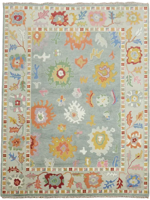 Vibrant Oushak Floral Patterns on a Soft Blue Rug for Elegant Interiors 9'x12'