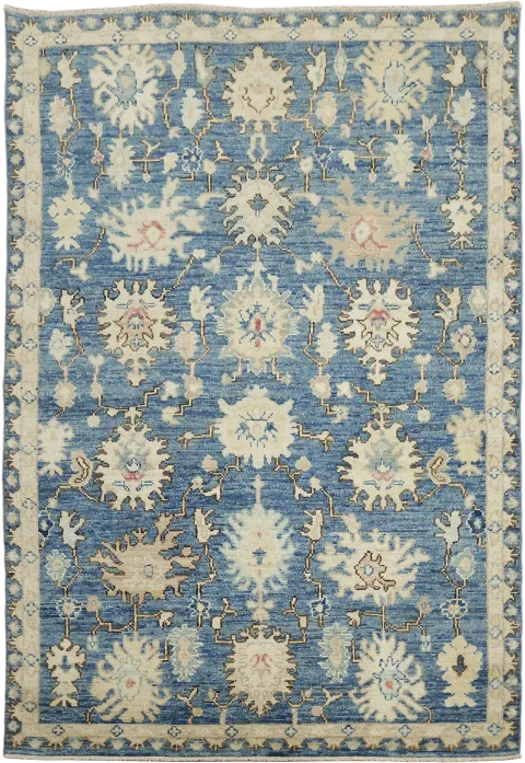 Blue All Over Floral Traditional Oushak Wool Rug 4x6