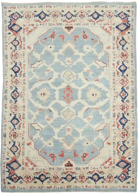 Unique Muted Geometric Blue Turkish Traditional Oushak Oriental Wool Rug 5x7