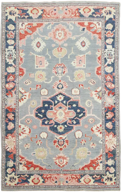 Geometric Grey Oriental Traditional Oushak Turkish Wool Area Rug 5x8