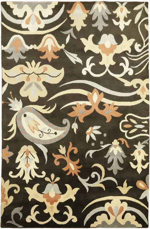 5x8 Brown Nepalese Rug with Peach & Ivory Motifs