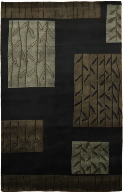 Sage Green & Black Botanical Nepalese Area Rug 5x8