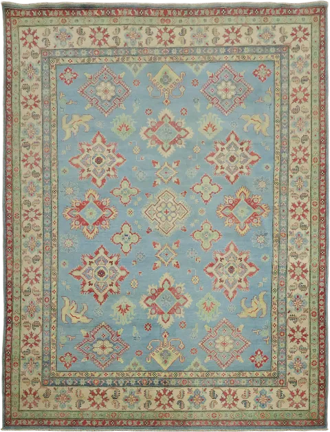 Traditionally designed Kazak Pakistani Rug with blue background 9'x12'
