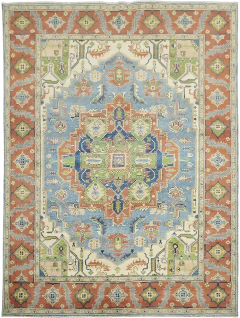Light Blue and Green Persian Design Heriz Rug Featuring Traditional Patterns 8'x11'
