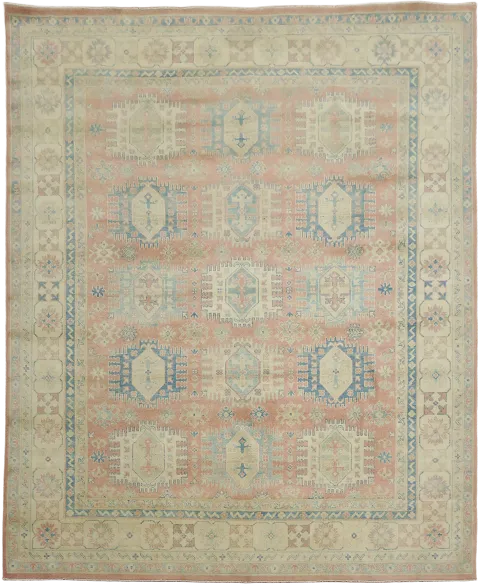 Vintage-Inspired Muted Salmon Coral and Blue Area Rug with Soft Pastel Color 8x10