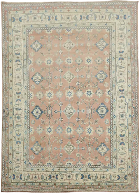 Luxurious Hand-Knotted Pale Coral and Blue Kazak Wool Rug 9'x12'