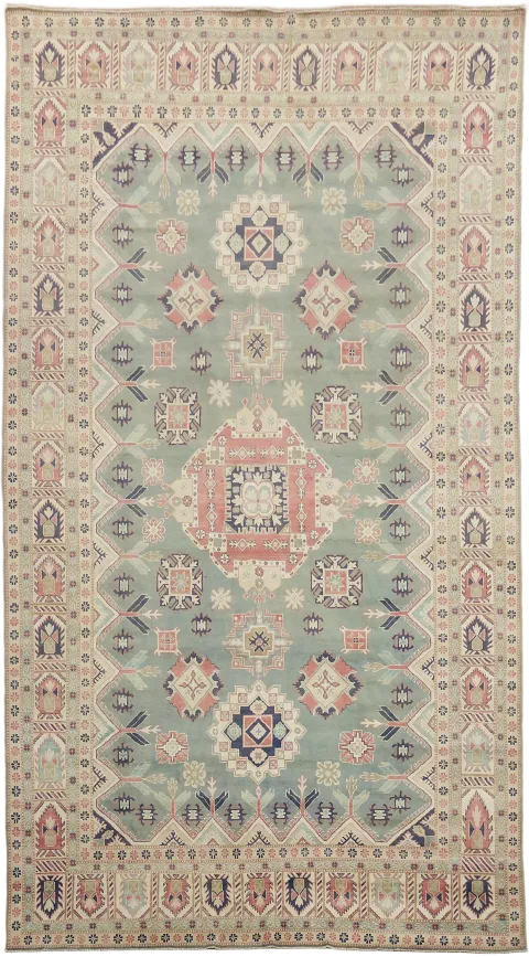 Classic Blue Hand-Knotted Rug Large Kazak in Soft Earthy Hues 9'x17'