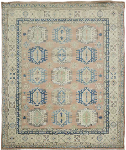 South-western Style Coral Salmon Kazak Handmade Rug in Soft Blue Hues 8x10
