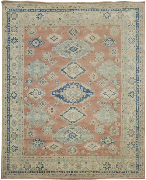 Luxurious Muted Coral Salmon-Pink Kazak South-western Rug with Blue and Beige Accents 8x10
