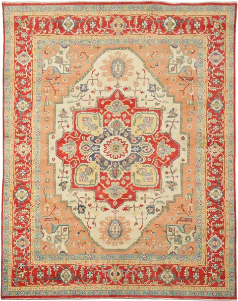 Traditional Geometric Red and Coral Heriz Serapi Hand-Knotted Rug 8x10