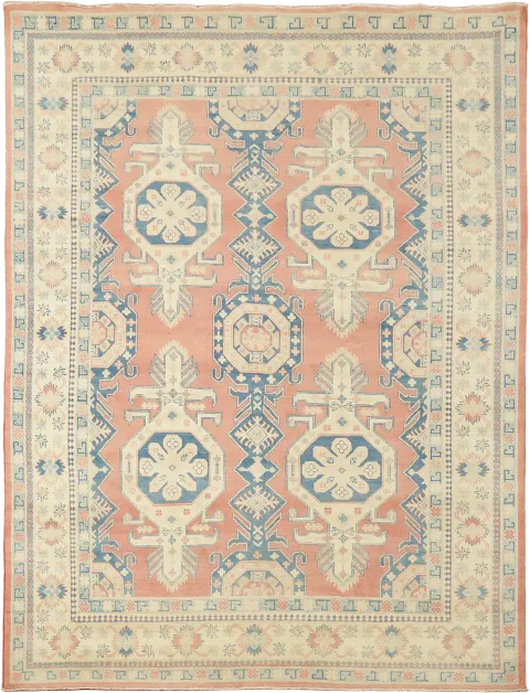 Luxurious Coral and Blue Geometric Kazak Pakistani Rug 9'x11'