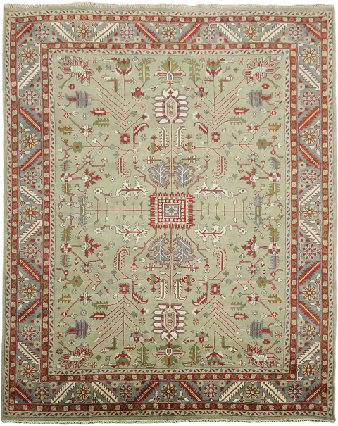 Sage Green and Red Oushak Palace Rug with Geometric Designs 12x15
