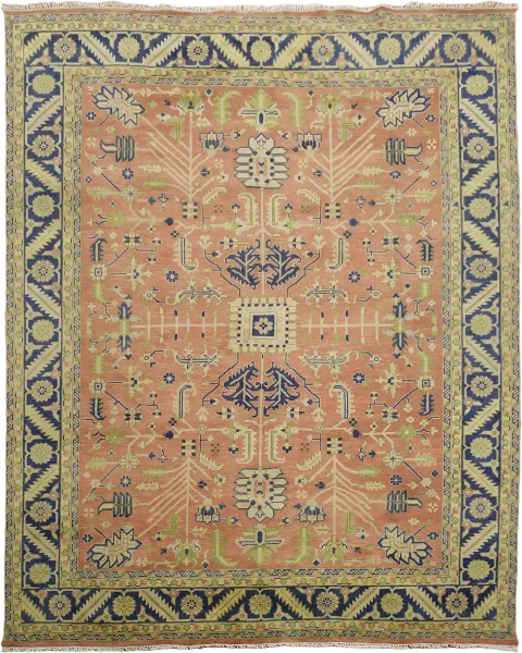 Classic Style Terracotta Salmon Oushak Large Rug with Bold Geometric Motifs 12'x15'