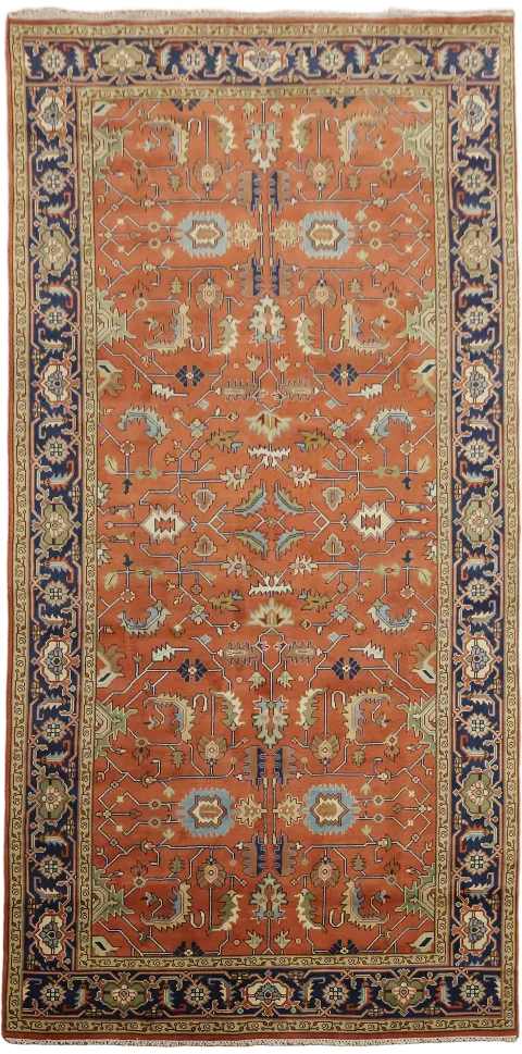 Traditional All-Over Pattern Rust and Navy Blue Large Wool Rug 9'x18'