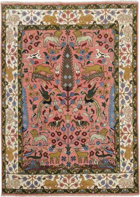 Elegant Vintage-Inspired Pink Ziegler Rug Featuring Exotic Animal Illustrations 10'x14'