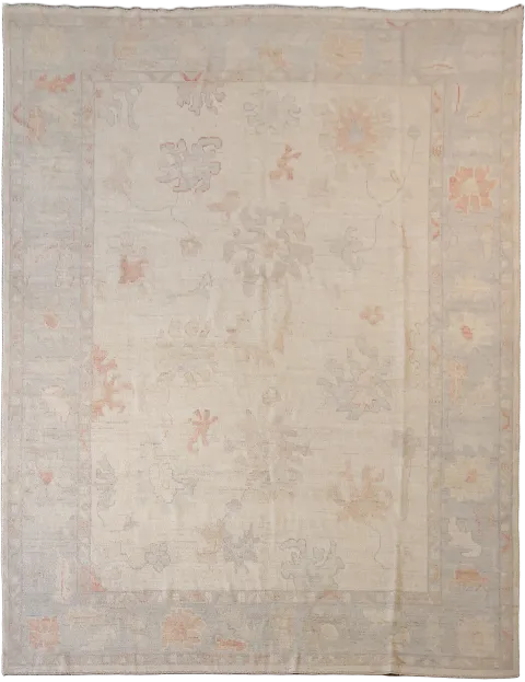 Vintage-Inspired Beige Oushak Oriental Wool Rug with Subtle Floral Motifs 9x12